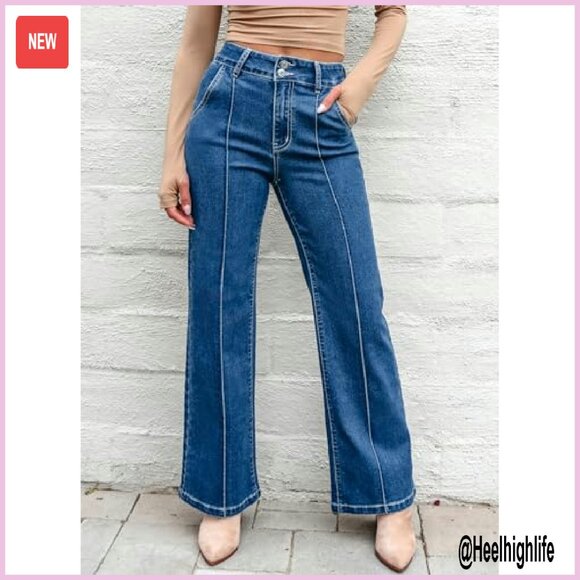 Wide Leg High Waisted Stretch Denim Jeans Baggy Casual Pants - Picture 5 of 8